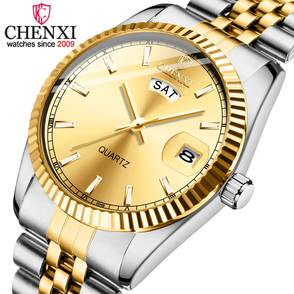 Reloj CHENXI para hombre, marca superior, relojes de cuarzo de acero completo a la moda de lujo para hombre, reloj de pulsera con fecha de negocios para hombre, reloj con esfera dorada