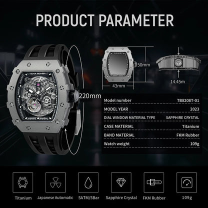 TSAR BOMBA Skeleton Mens Automatic Watches Titanium Mechanical Wristwatch for Men Fashion Waterproof Clock Mens Gifts