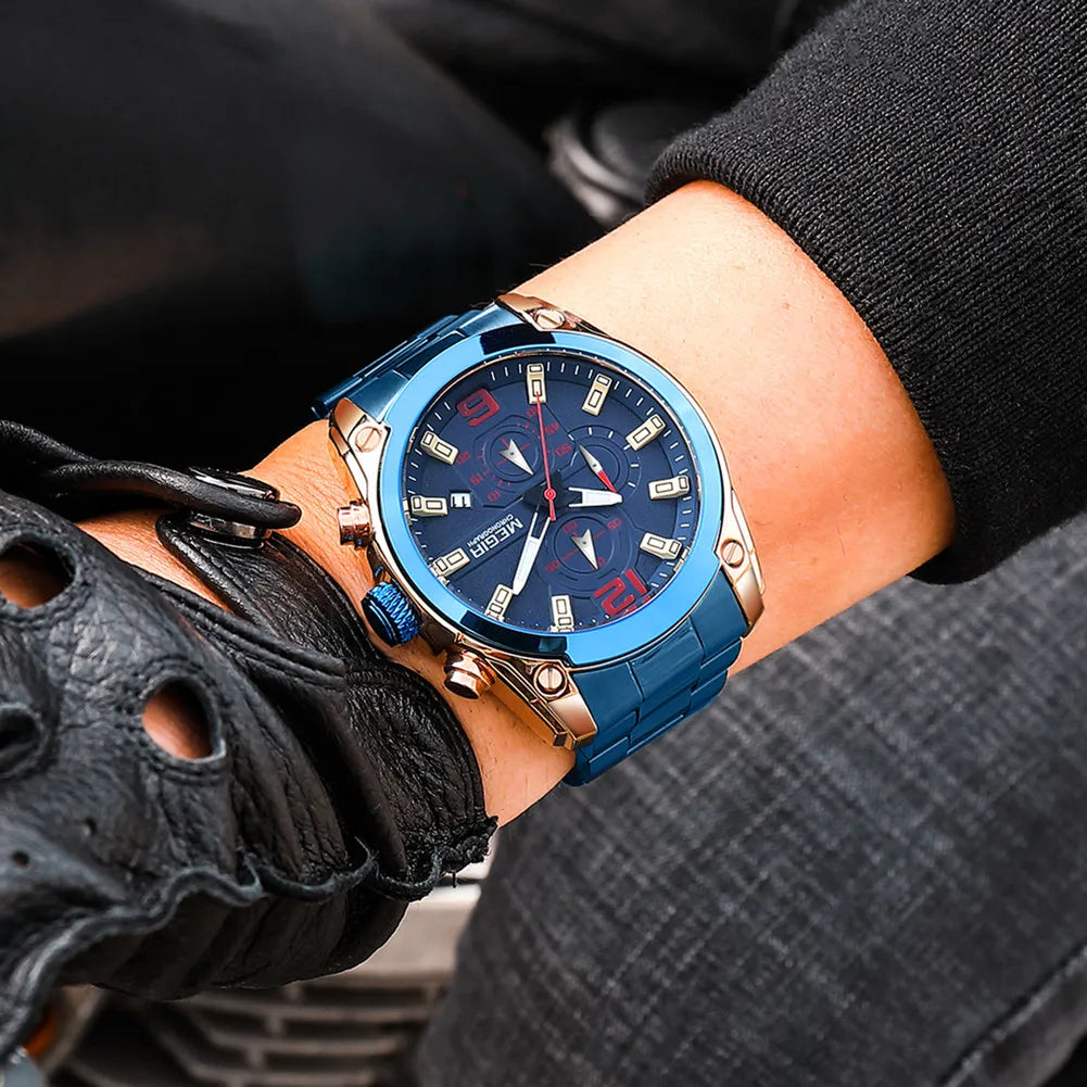 Relojes deportivos MEGIR de lujo para hombre, reloj cronógrafo de cuarzo, reloj de pulsera de acero inoxidable, reloj luminoso resistente al agua con fecha, reloj para hombre