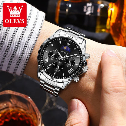 OLEVS Original Moon Phase Men Watches Luminous Skeleton Waterproof Quartz Watch Calendar Chronograph Stainless Steel Wristwatch