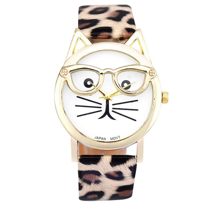 Relojes bonitos a la moda con gafas de gato, relojes de Mujer para Mujer, relojes de pulsera de cuarzo con banda de cuero informal, Reloj para niñas, Reloj para Mujer