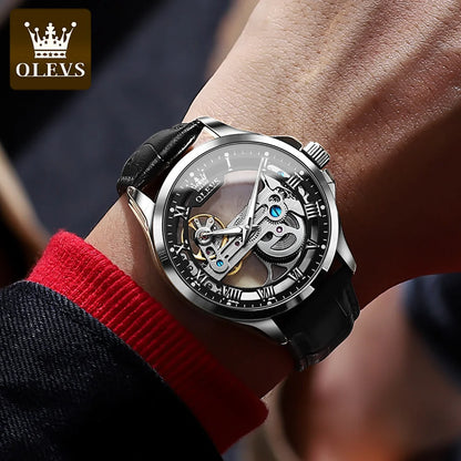 OLEVS Luxury Men‘s Watches Fully Holow Out Design Waterproof Leather Strap Automatic Mechanical Wristwatch for Men Reloj Hombre