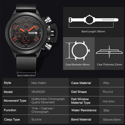 MEGIR 2002 Multi-functional Sports Chronograph Silicone Band Luxury Men Watch Waterproof Calendar Quartz Wristwatch Montre Homme