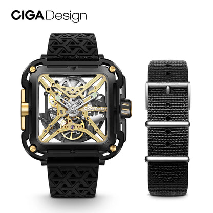 Reloj Mecánico CIGA Design de titanio dorado para hombre Serie X de lujo 2024, relojes automáticos con esqueleto masculino, dos correas de nailon y silicona