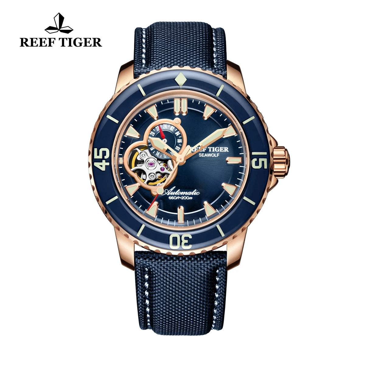 Reef Tiger/RT Relojes de buceo superluminosos para hombre Correa de nailon Relojes de acero inoxidable con fecha RGA3039