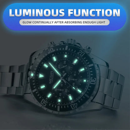 MEGIR Luxury Men Watches Sports Quartz Chronograph Stainless Steel Bracelet Large Dial Business Waterproof Luminous Date Clock