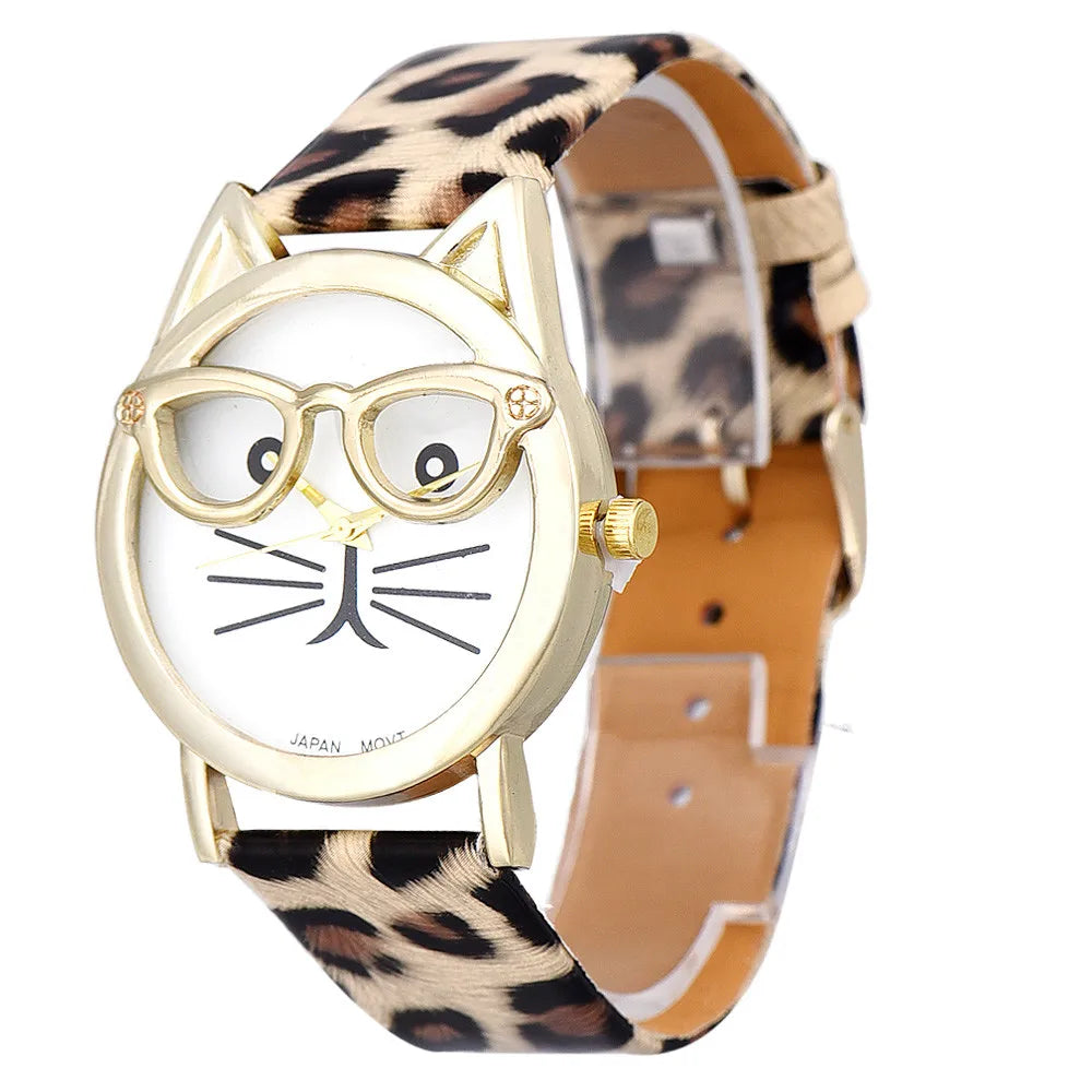 Relojes bonitos a la moda con gafas de gato, relojes de Mujer para Mujer, relojes de pulsera de cuarzo con banda de cuero informal, Reloj para niñas, Reloj para Mujer