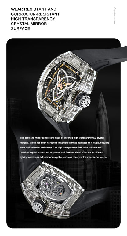 CRONUSART Men Automatic Watch 50mm*42mm Luxury Tonneau Mechanical Wristwatch Acrylic Case Luminous Fluororubber Strap Skeleton