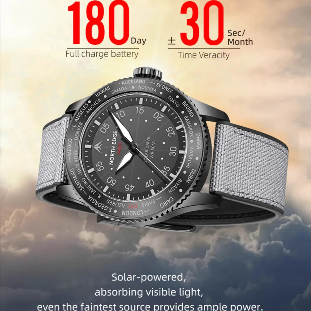 NORTH EDGE 2024 MACH Reloj de cuarzo con energía Solar para hombre, resistente al agua, 50M, relojes de pulsera deportivos para piloto, Reloj luminoso ambientalmente