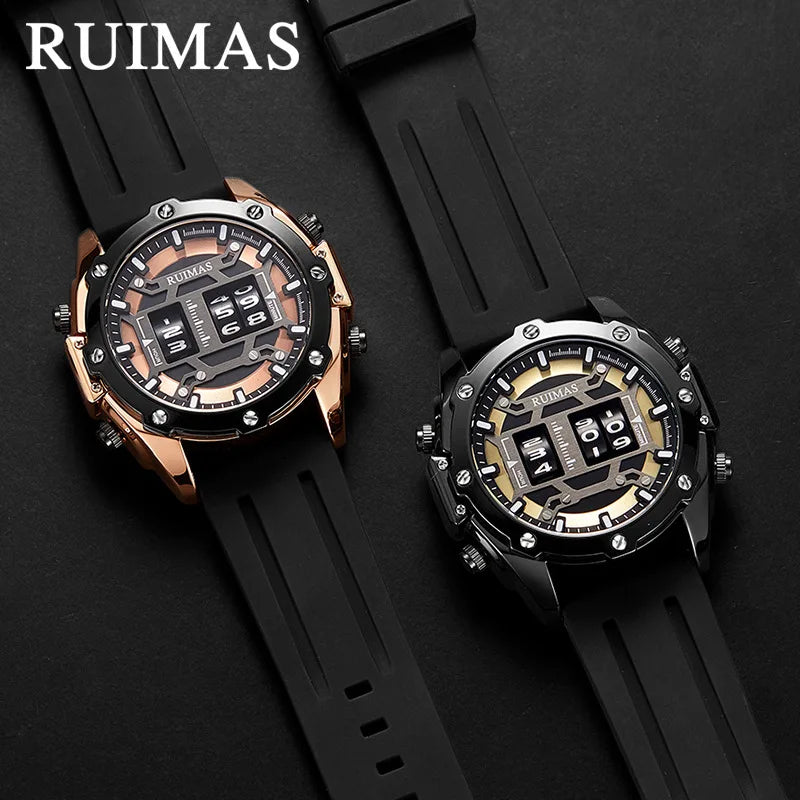 RUIMAS 553, reloj para hombre, moda deportiva, reloj con rodillo creativo, correa de silicona negra y dorada, reloj de pulsera de cuarzo informal para hombre