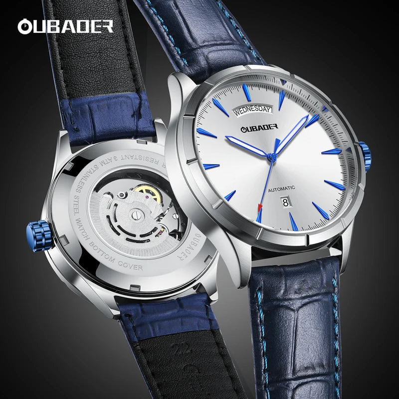 OUBAOER Military Automatic Men’s Watches Leather Day Date Mechanical Dress Wristwatch Waterproof Clock for Men Army Montre Homme