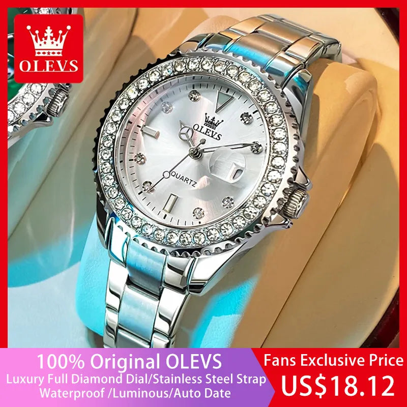 OLEVS Original Diamond Dial Quartz Watch for Women Fashion Elegant Ladies Watches Stainless Steel Waterproof Women's Wristwatch