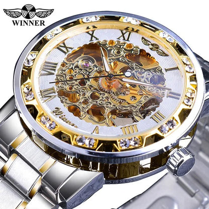 Winner-Reloj de pulsera transparente para hombre, pulsera con mecanismo luminoso de diamante, diseño real, marca superior de lujo, esqueleto mecánico