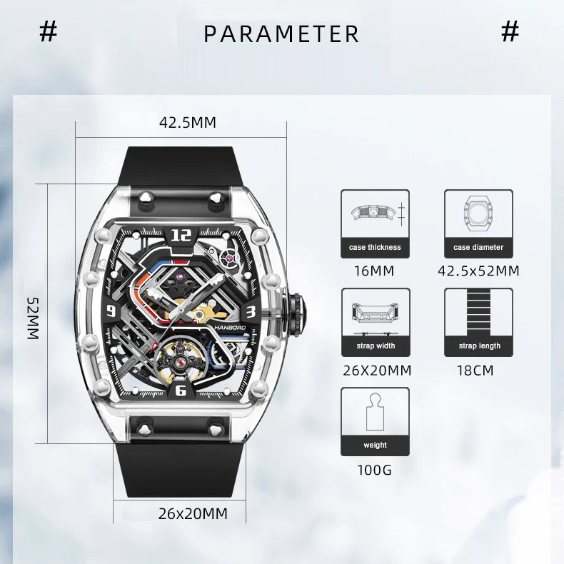 HANBORO メンズ 自動巻き腕時計 42.5mm*52mm 機械式腕時計 夜光トノー型 透明アクリルケース 防水 スケルトン文字盤