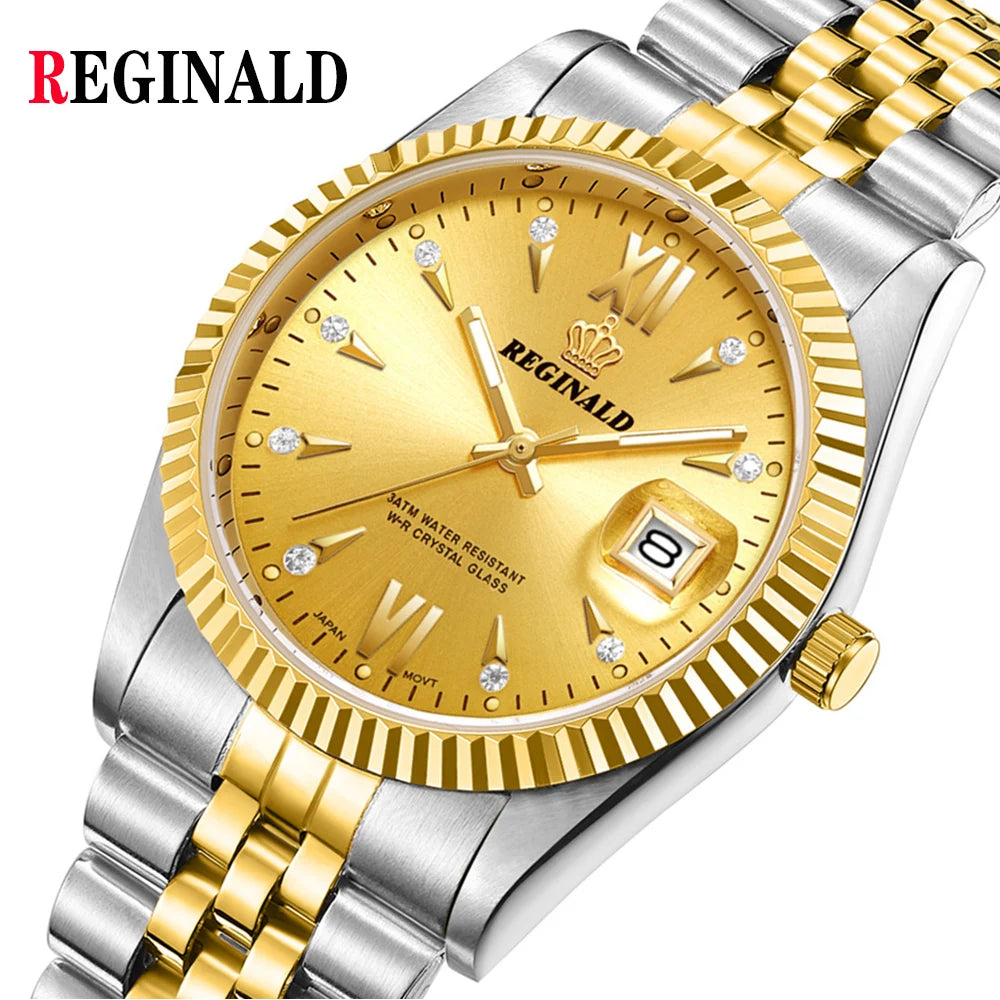 Relojes Reginald para Hombre, Reloj de negocios con diamantes, relojes de pulsera de cuarzo con fecha automática de acero dorado y plateado para Hombre, Reloj para Hombre