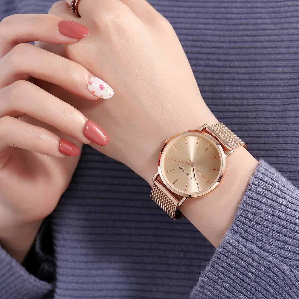 Reloj HANNAH MARTIN para Mujer, Reloj con movimiento de cuarzo japonés de lujo con esfera dorada de 36mm, Reloj con correa de acero inoxidable para Mujer