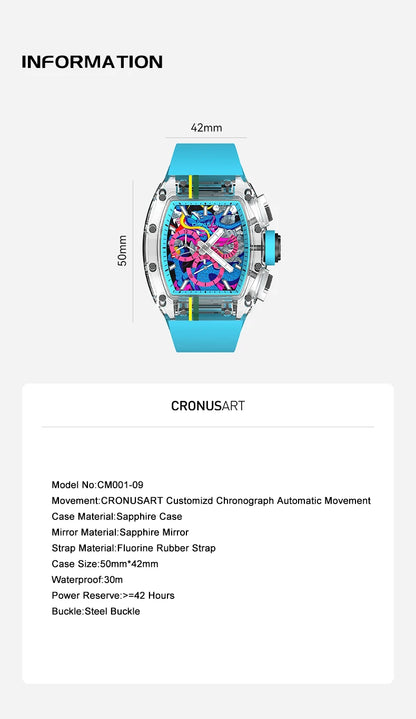 CRONUSART Men Automatic Chronograph Watch 50mm*42mm Tonneau Sapphire Case Mechanical Wristwatch Luminous Fluororubber Strap