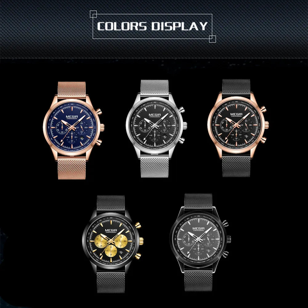 Reloj de pulsera MEGIR para hombre, relojes de negocios de lujo, reloj informal de malla de acero de cuarzo, reloj deportivo resistente al agua, reloj cronógrafo, reloj para hombre