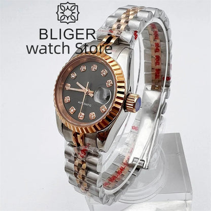 BLIGER New 26mm Women's Silver Rose Gold Classic Mechanical Watch NH05 Movement Gray Dial Sapphire Glass Women's Elegant Watch