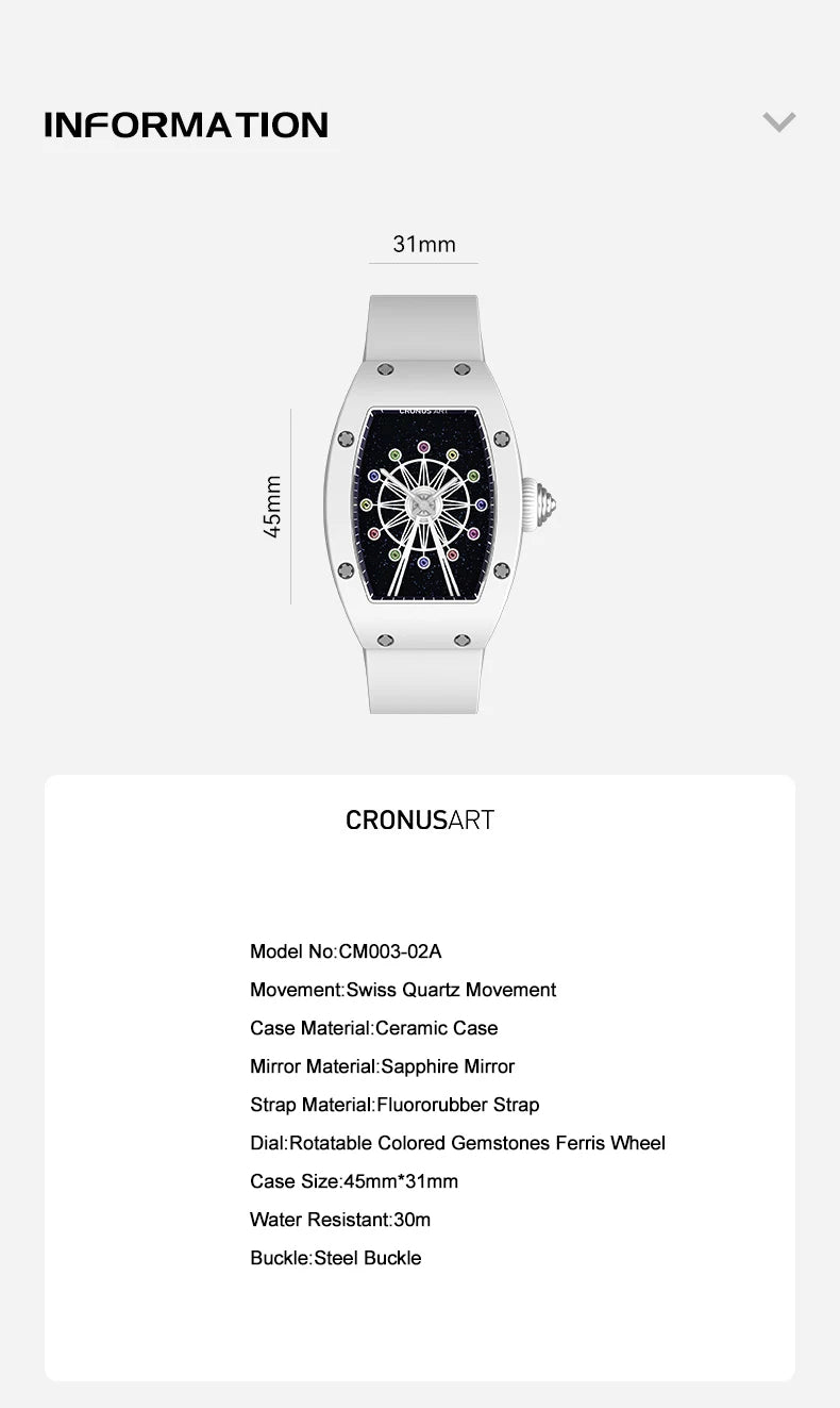 CRONUSART Women Luxury Watch Tonneau Ladies Quartz Wristwatch Ceramic Case Fluororubber Strap Rotatable Ferris Wheel Dial