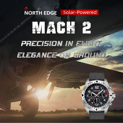 NORTH EDGE MACH2 Relojes solares para hombre Cronógrafo luminoso Resistente al agua 50 M Relojes de cuarzo Reloj para hombre Pilot Relogio Masculino