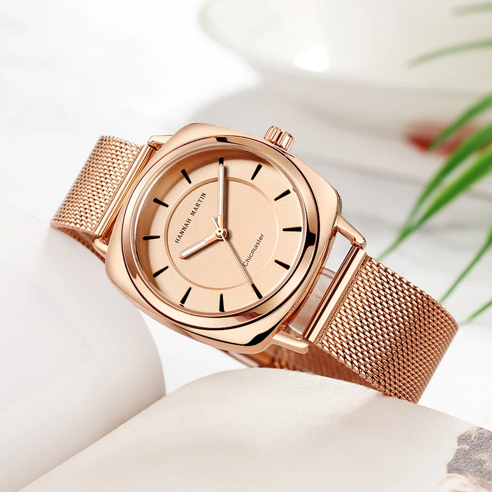 HANNAH MARTIN Reloj de Mujer 36MM relojes de cuarzo cuadrados de lujo banda de acero inoxidable Reloj impermeable de moda para Mujer Reloj de Mujer