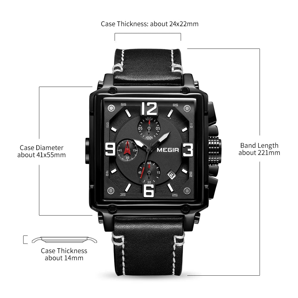 Relojes MEGIR de cuarzo cuadrados originales a la moda, reloj de pulsera militar deportivo para hombre, calendario, cronógrafo resistente al agua, reloj masculino para hombre