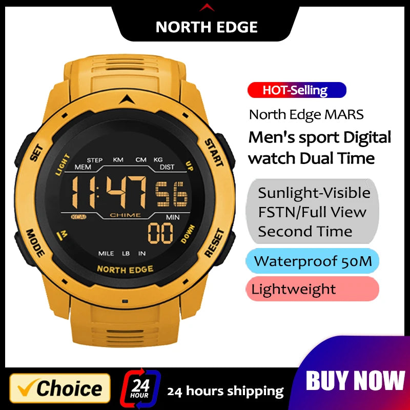 NORTH EDGE-reloj inteligente para hombre y mujer, reloj deportivo con doble horario, podómetro, cuenta atrás, resistente al agua, alarma Digital de 50m, reloj militar