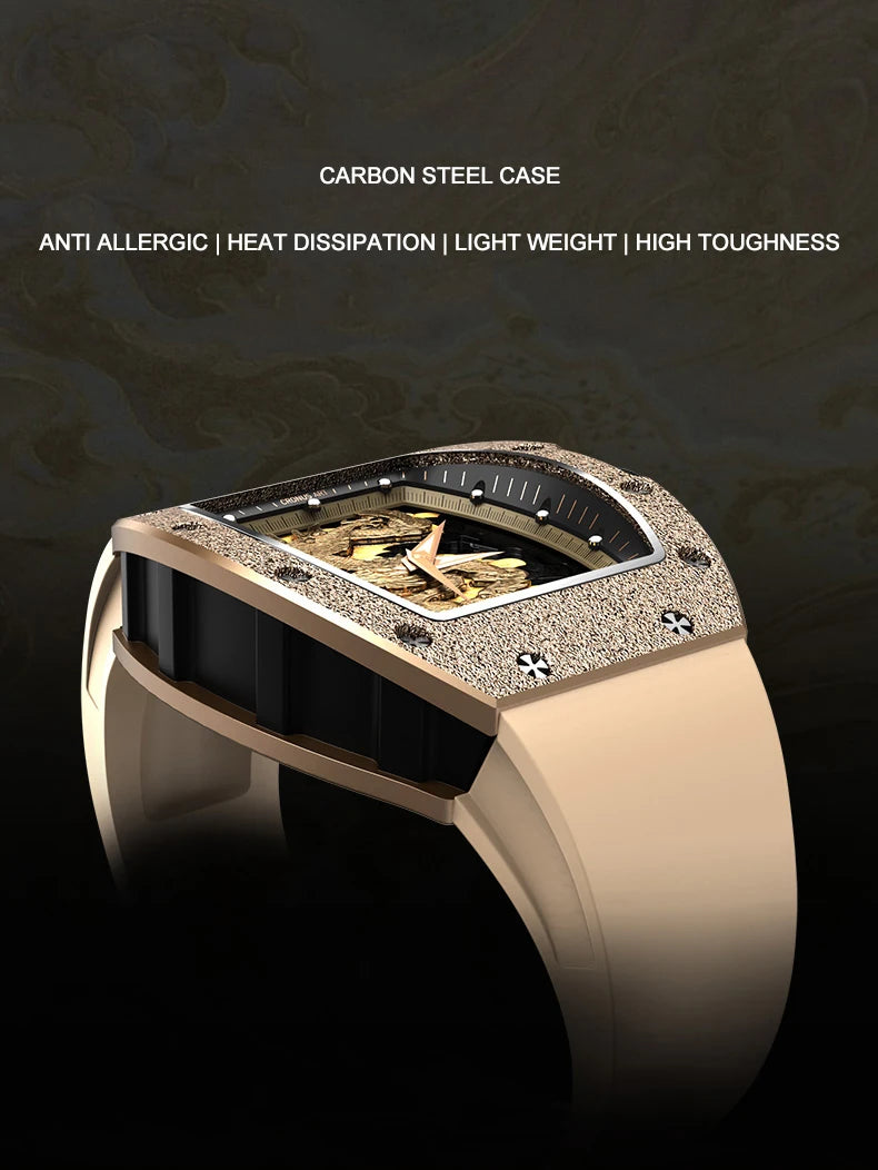 CRONUSART Men Automatic Watch Luxury Tonneau Mechanical Wristwatch Carbon Steel Case Luminou Fluororubber Strap Gold Dragon Dial