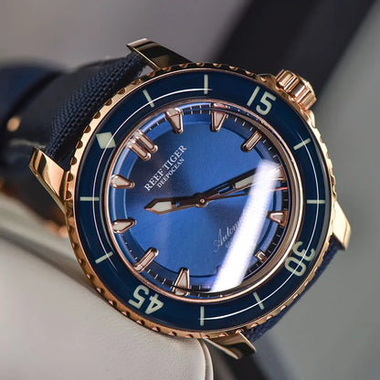 Reef Tiger/RT relojes de buceo para hombre, oro rosa, esfera azul, relojes superluminosos, relojes analógicos automáticos, reloj para hombre RGA3035