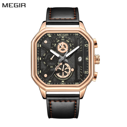 Reloj deportivo MEGIR a la moda para hombre, reloj de pulsera de cuarzo con correa de cuero de lujo, cronógrafo con fecha luminosa resistente al agua