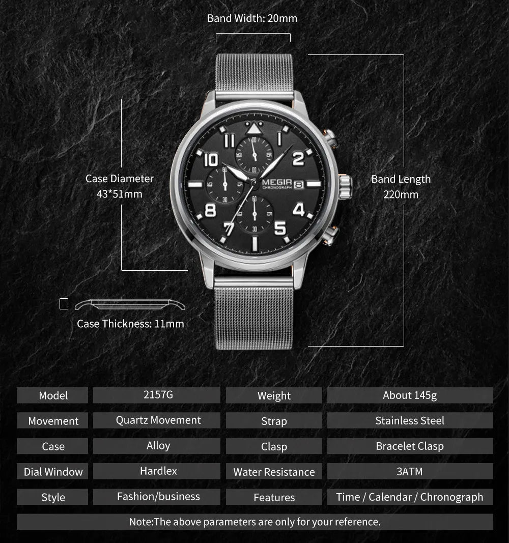 Reloj MEGIR de negocios de marca a la moda, cronógrafo de lujo para hombre, reloj de pulsera de acero inoxidable y cuarzo, relojes militares deportivos resistentes al agua