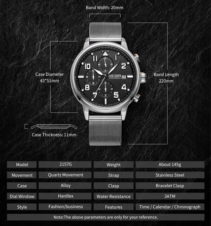 Reloj MEGIR de negocios de marca a la moda, cronógrafo de lujo para hombre, reloj de pulsera de acero inoxidable y cuarzo, relojes militares deportivos resistentes al agua