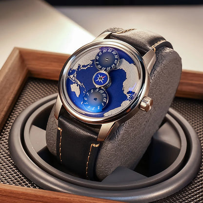 Reloj automático mecánico de lujo para hombre de marca OBLVLO, nuevo diseño, esfera terrestre, reloj de cuero azul luminoso de zafiro para hombre, JM-EARTH