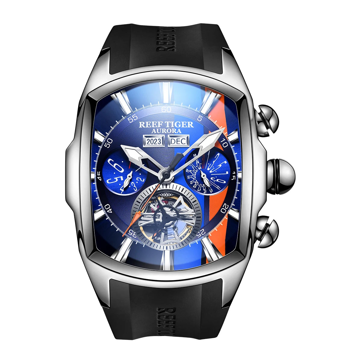 Reef Tiger/RT-relojes deportivos para hombre, Tourbillon, esfera azul, pantalla analógica, correa de goma, reloj luminoso RGA3069