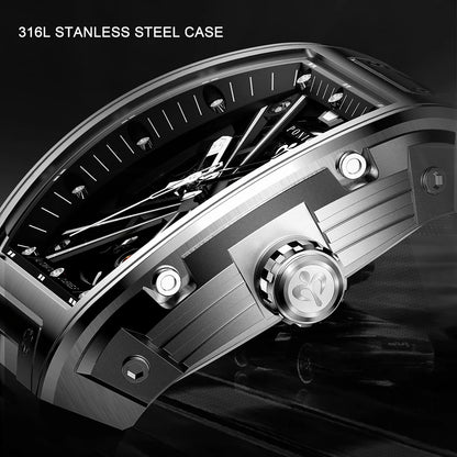 PONIGER Men Automatic Watch 46mm Luxury Tonneau Mechanical Wristwatch Sapphire Luminous Skeleton Dial Rubber Strap