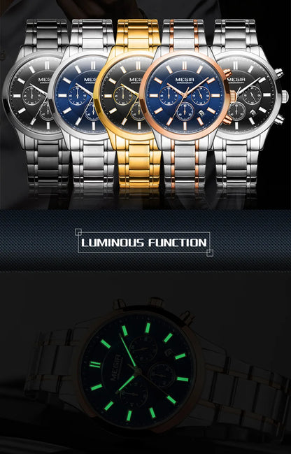 MEGIR relojes de negocios de lujo de acero inoxidable para hombre reloj de pulsera de cuarzo cronógrafo fecha reloj masculino luminoso reloj Masculino