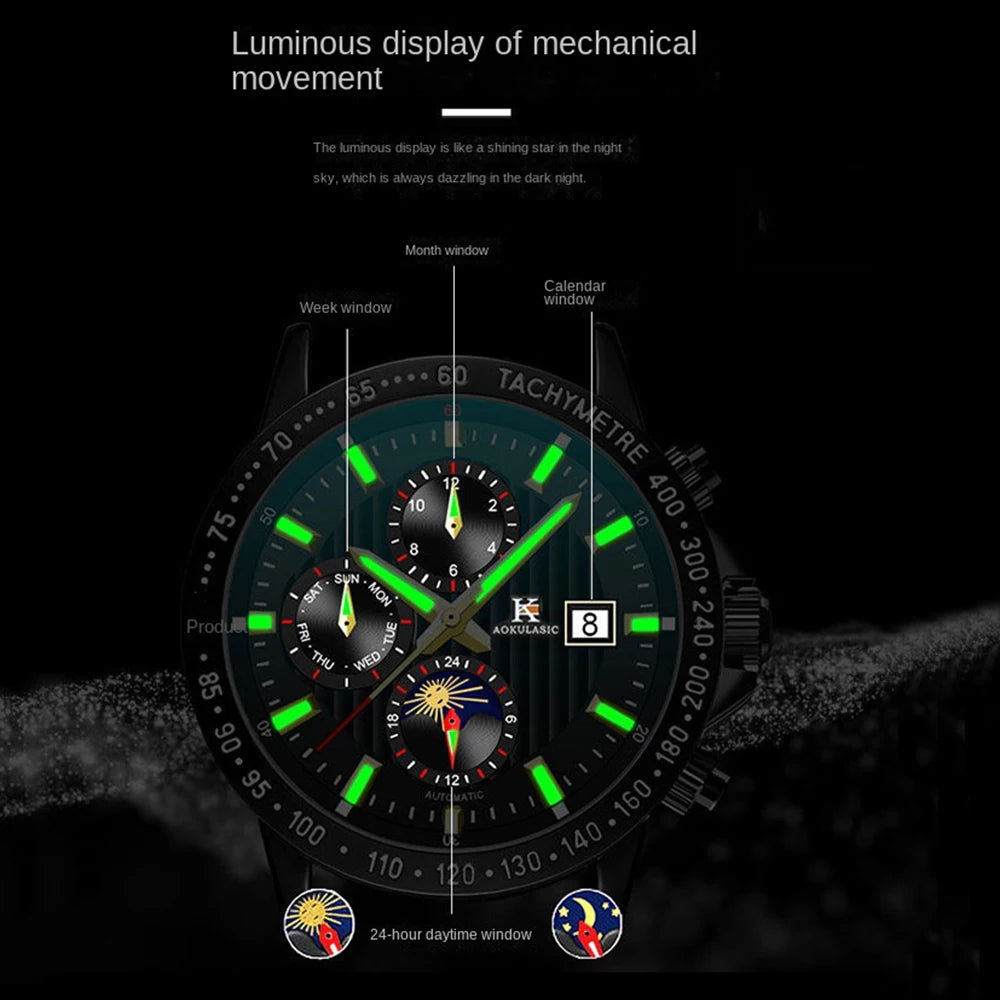 AOKULASIC ファッション 多機能 自動巻き腕時計 メンズ 週表示 ムーンフェイズ レッドライトコート 機械式腕時計 スチールストラップ
