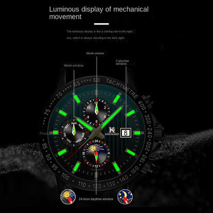 AOKULASIC ファッション 多機能 自動巻き腕時計 メンズ 週表示 ムーンフェイズ レッドライトコート 機械式腕時計 スチールストラップ