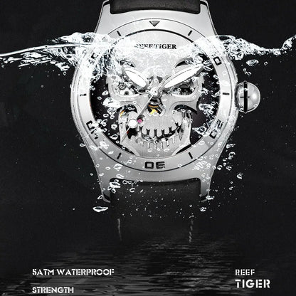 Reef Tiger Mens Automatic Watches Male Luxury Mechanical Wristwatch Bubble Sapphire Skeleton Skull Dial Leather Strap RGA70S7