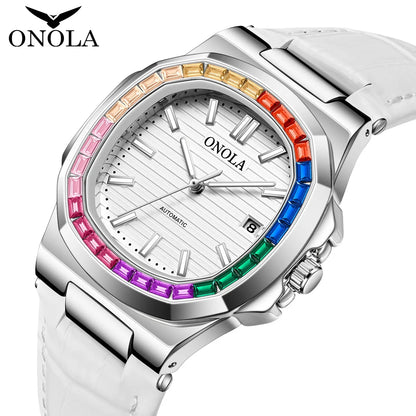 Relojes mecánicos completamente automáticos para hombres y mujeres con diamantes de colores a la moda, reloj de pulsera de cuero resistente al agua ONOLA, reloj para hombres