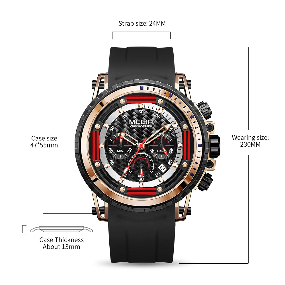 Relojes deportivos MEGIR de lujo para hombre, correa de silicona, reloj cronógrafo militar de cuarzo resistente al agua, relojes de pulsera para hombre con fecha automática