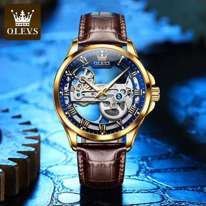 OLEVS Luxury Men‘s Watches Fully Holow Out Design Waterproof Leather Strap Automatic Mechanical Wristwatch for Men Reloj Hombre