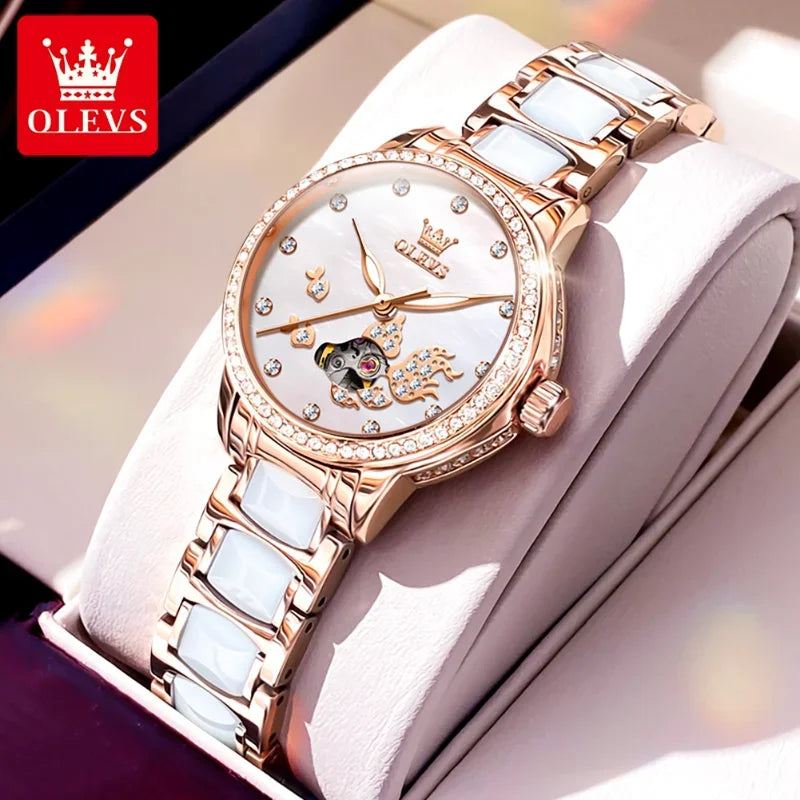 OLEVS 7001 relojes para mujer, reloj de pulsera mecánico a la moda, reloj con esfera con anillo y taladro para carpa Luck Koi para mujer, cerámica resistente al agua