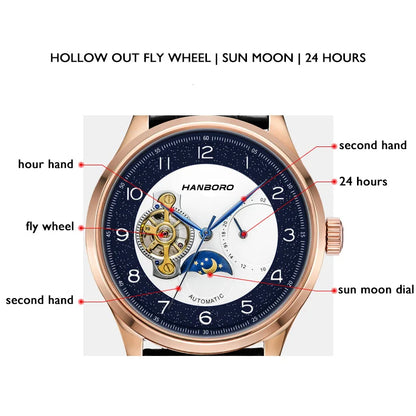 HANBORO Men Automatic Watch Luxury Watches Mechanical Wristwatch Hollow Out Dial Fly Wheel 24 Hours Butterlfy Clasp