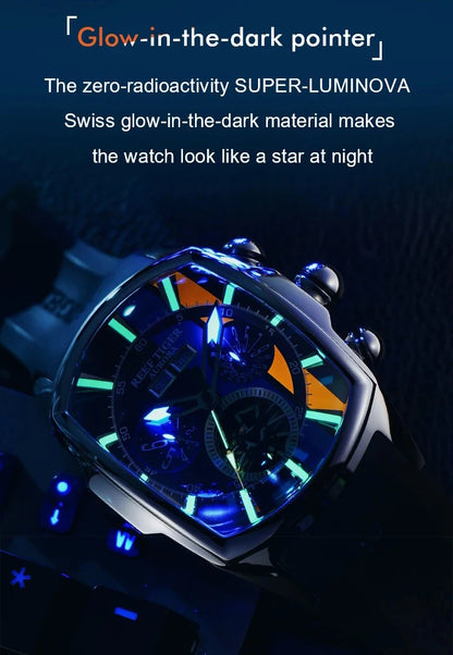 Reef Tiger Men Automatic Watch Sport Mechanical Wristwatch Tonneau Case Rubber Strap Luminous Muiti-Dial Month Week Date