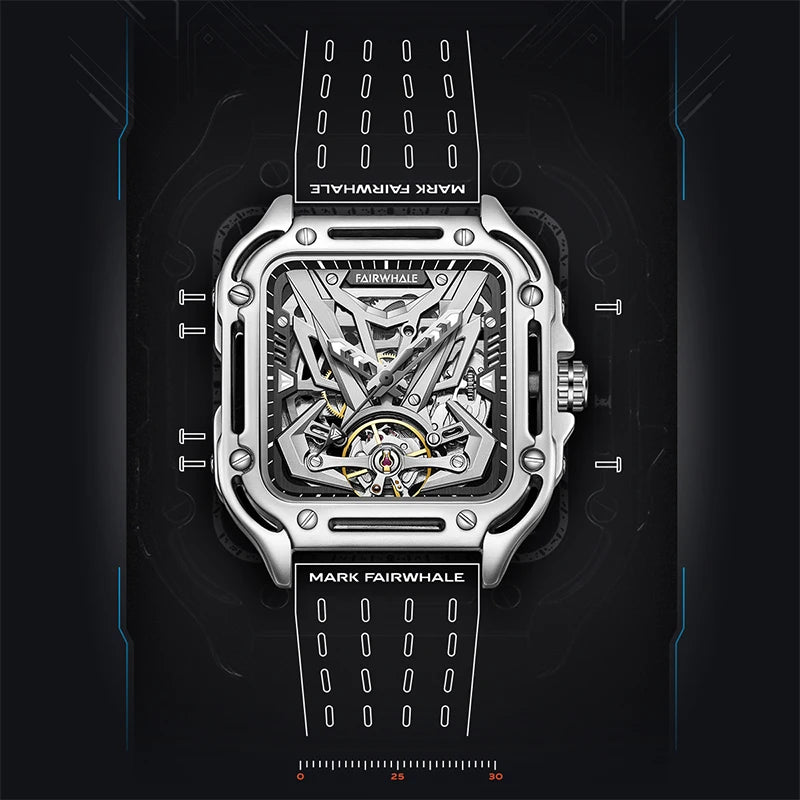 Mark Fairwhale Men Automatic Watch 42mm Square Luxury Watches 21 Jewels Mechanical Wristwatch Waterproof Luminous Skeleton Dial