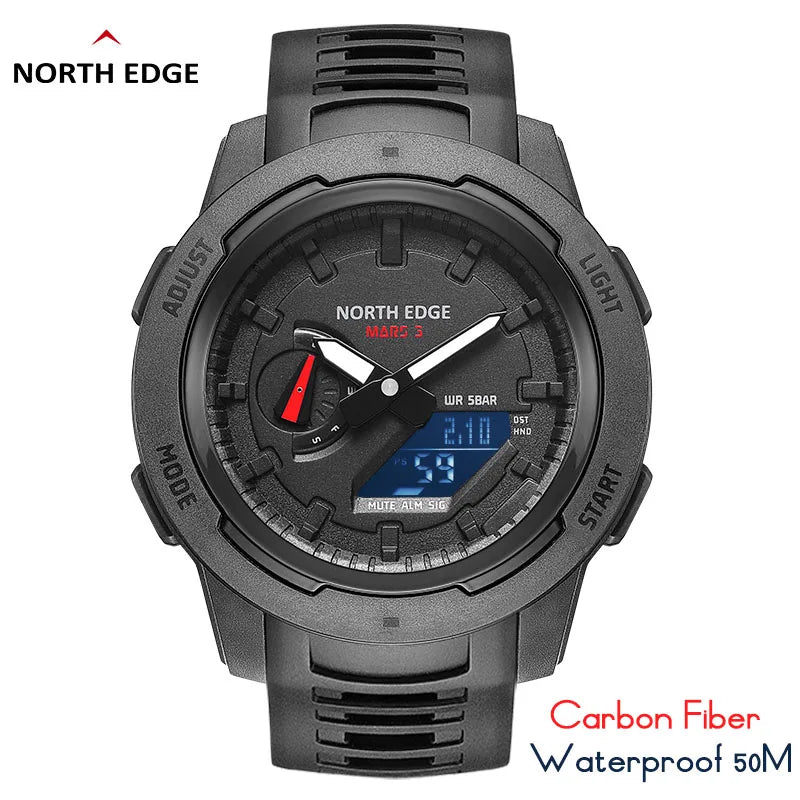 NORTH EDGE Mars 3-reloj militar para hombre, carcasa Digital de fibra de carbono para hombre, resistente al agua hasta 50M, relojes deportivos, reloj de pulsera LED de hora mundial