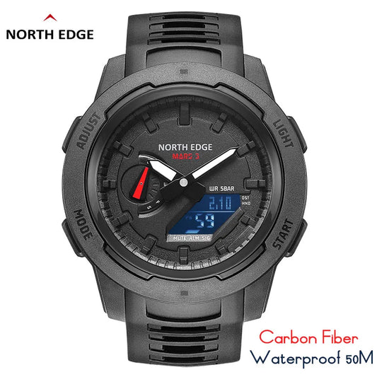 NORTH EDGE Mars 3-reloj militar para hombre, carcasa Digital de fibra de carbono para hombre, resistente al agua hasta 50M, relojes deportivos, reloj de pulsera LED de hora mundial