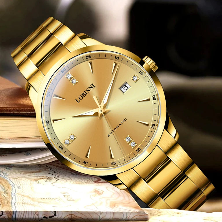 LOBINNI Reloj Automático para Hombre Reloj de Pulsera Mecánico Dorado de Lujo de 41,3 MM Fecha Luminosa de Zafiro